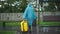 Back view wide shot courier in rain coat walking with yellow rucksack in urban city park turning. Live camera follows