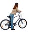 Back view of a woman with a bicycle. cyclist sits on the bike