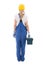 Back view of woman in blue builder uniform with toolbox isolated