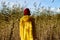 Back view of woman in bright yellow raincoat and red hat looks at reeds, unity with nature