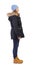 Back view woman iin a black winter jacket with fur and blue hat