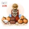 Back view of Woman sitting on the ground. Blonde hair girl with hat. Cozy autumn set with pumpkins, leaves and books.