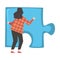 Back View of Woman Solving Jigsaw Puzzle, Person Trying to Connect Blue Puzzle Element Cartoon Style Vector Illustration