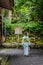 Back view of woman wearing Japanese yukata summer kimono