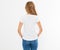 Back view: woman in white t-shirt mock up isolated, t shirt female, blank tshirt