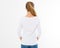 Back view: woman in white t-shirt mock up isolated, t shirt female, blank tshirt