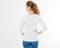 Back view: woman in white t-shirt mock up isolated, t shirt female, blank tshirt