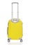 Back view of yellow plastic wheeled colorful suitcase with handle isolated on white.