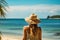 Back view young happiness traveller woman standing on beautiful sandy beach, ai generated