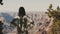 Back view young happy excited woman stands at amazing desert observation point watching incredible Grand Canyon scenery.