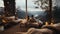 Back view of young loving couple sitting on sofa and looking at beautiful mountain landscape in cozy country house cabin
