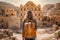 Back view of a young woman standing in front of desert old city, watching historical landmarks. Generative AI