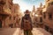Back view of a young woman standing in front of desert old city, watching historical landmarks. Generative AI