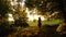 Back view of young woman in summer dress running alone through evening dark forest