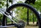 Back wheel of sports mountain bike on nature