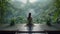 back of woman sitting and meditating in jungle