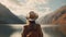 Back of woman with wide brimmed hat looking out onto mountainous lake