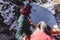 Back of the yak head and guide tamer in winter in Tashi Delek near Gangtok. North Sikkim, India.