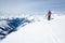 Backcountry skier on the summit of Youngs Peak in the Canadian Rocky Mountains. Photo on the summit, successful ski mountaineering