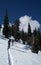 Backcountry uphill ski tracks with blue sky