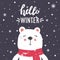 Backdrop with bear, snow and text. Hello winter