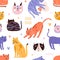 Backdrop with cute, funny cat head, muzzle, face, hearts and purr, meow text. Seamless repeatable pattern with colorful