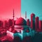 The backdrop of a modern city in red and blue hues provides a striking contrast to the duotone photograph of a mosque taken by a