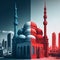 The backdrop of a modern city in red and blue hues provides a striking contrast to the duotone photograph of a mosque taken by a