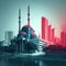 The backdrop of a modern city in red and blue hues provides a striking contrast to the duotone photograph of a mosque taken by a