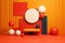 Background 3d scene with orange bench, mock up geometric white and red shape object. Bright colors scene. Abstract minimal concept