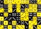 Background of 70 random ordered black and yellow dices