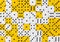 Background of 70 random ordered white and yellow dices