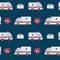 Background with an ambulance. Cute items for children`s emergency services and rescuers. Drawn in flat style medical