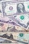 Background with american dollar bills with different values