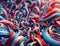 Background Artwork, Illustration , Generative AI, of red, white and blue ribbons in an agitated state