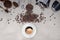 Background with assorted coffee, coffee beans, Cup of black  coffee, Coffee maker equipment