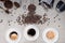 Background with assorted coffee, coffee beans, Cup of black  coffee, Coffee maker equipment