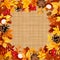 Background with autumn colorful leaves on a sacking fabric. Vector eps-10.