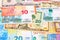 Background from banknotes euro, american dollars and russi