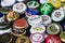 Background of beer bottle caps, a mix of various global brands