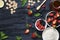 Background with berries, cereals and honey