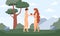 Background with Bible Adam and Eve in paradise, flat vector illustration.