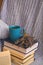 Background of blue hand-knit plaid and pillows in cosy home with dried bouquet of lavender flowers, books, mug of coffee, garland.