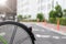 Background blurred. Bicycles parked in front of apartments in Japan
