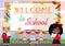 Background of books, girl and boy schoolboys with a bouquet, school, school bus, autumn leaves
