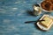 Background breakfast with bagels on a mediteranean wooden board