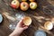 Background brown tree apples dough baking dish dessert flour home basket whisk red yellow hand