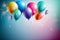 Background with bundle of colorful flying balloons. Warm light. Glittering Soaring into the Sky.