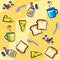 Background with cartoon toasts, cheese, jam - seamless