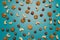 Background of cashews, walnuts, hazelnuts. Scattered nuts on a blue background. Background from set nuts